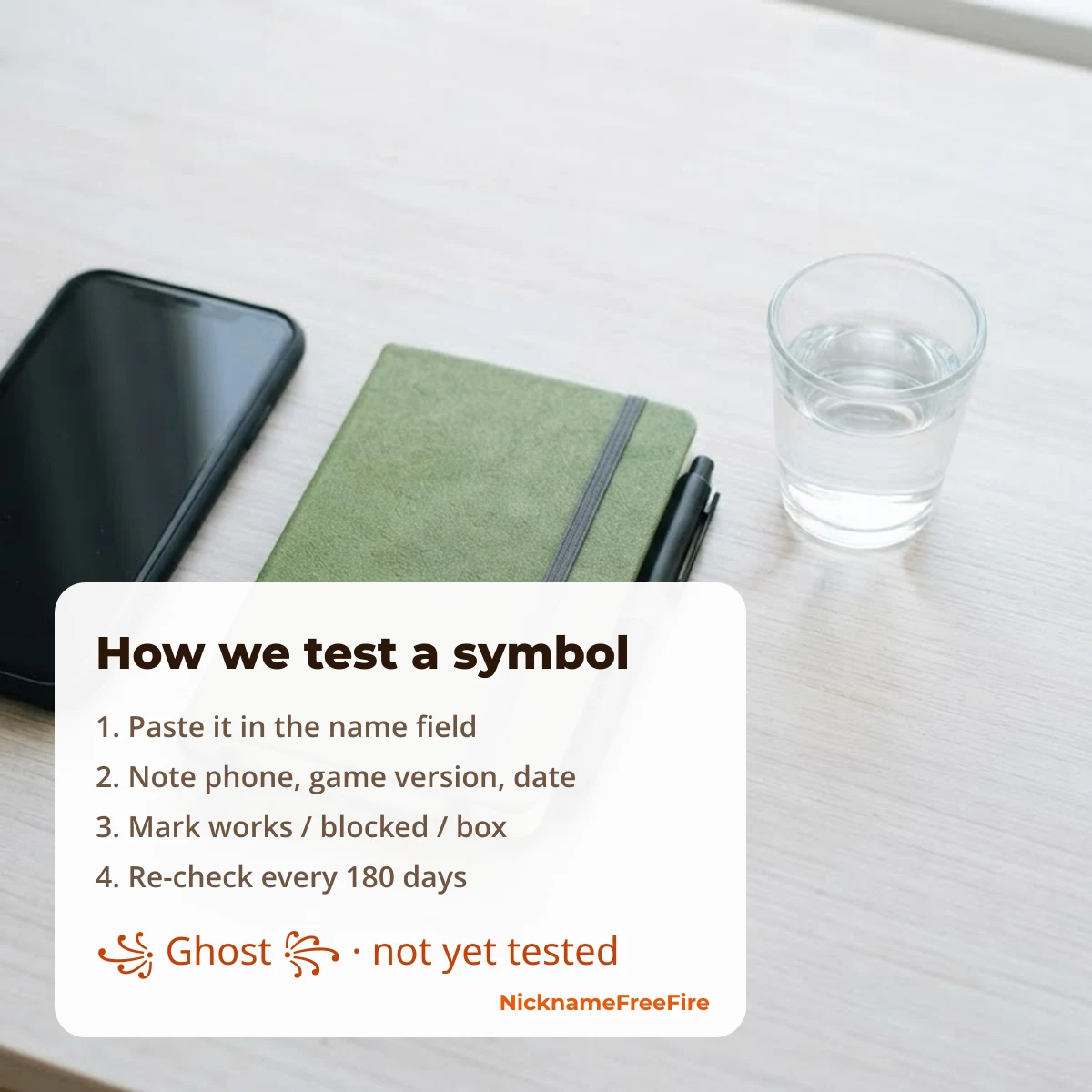 How NicknameFreeFire tests a symbol: paste, record device and version, mark the result